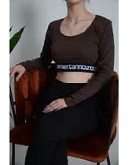 Jornıal Serisi Kahverengi Belli Yazılı Lastikli Bisiklet Yaka Crop